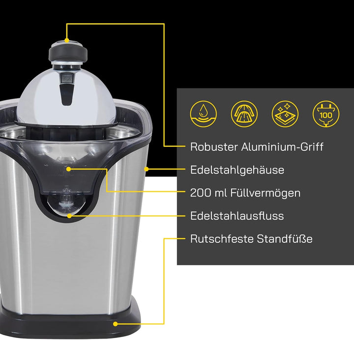 Zitruspresse JUICE 3020 | Edelstahl Auslauf | Zwei Pressaufsätze | Edelstahloberfläche | 100 Watt |