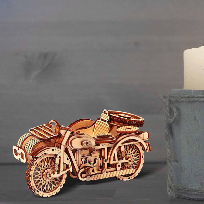 Motorrad mit Beiwagen 3D-Puzzles – Motorrad Dreirad Holzmodellbausätze für Erwachsene zum Bauen – Re