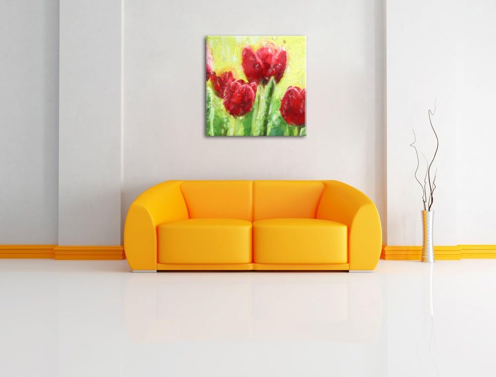 Pixxprint Rote Tulpen mit Tropfen bedeckt als Leinwandbild Quadratisch/Grösse: 70x70 / Wandbild/Kuns