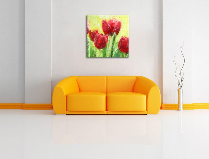 Pixxprint Rote Tulpen mit Tropfen bedeckt als Leinwandbild Quadratisch/Grösse: 70x70 / Wandbild/Kuns