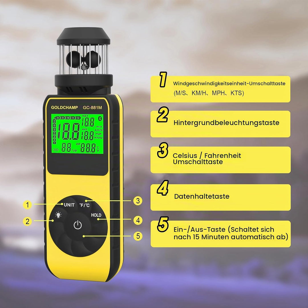 Cup Anemometer, Digitales Windmesser Windmessgerät mit 360°Windrichtung, Windgeschwindigkeitsmesser