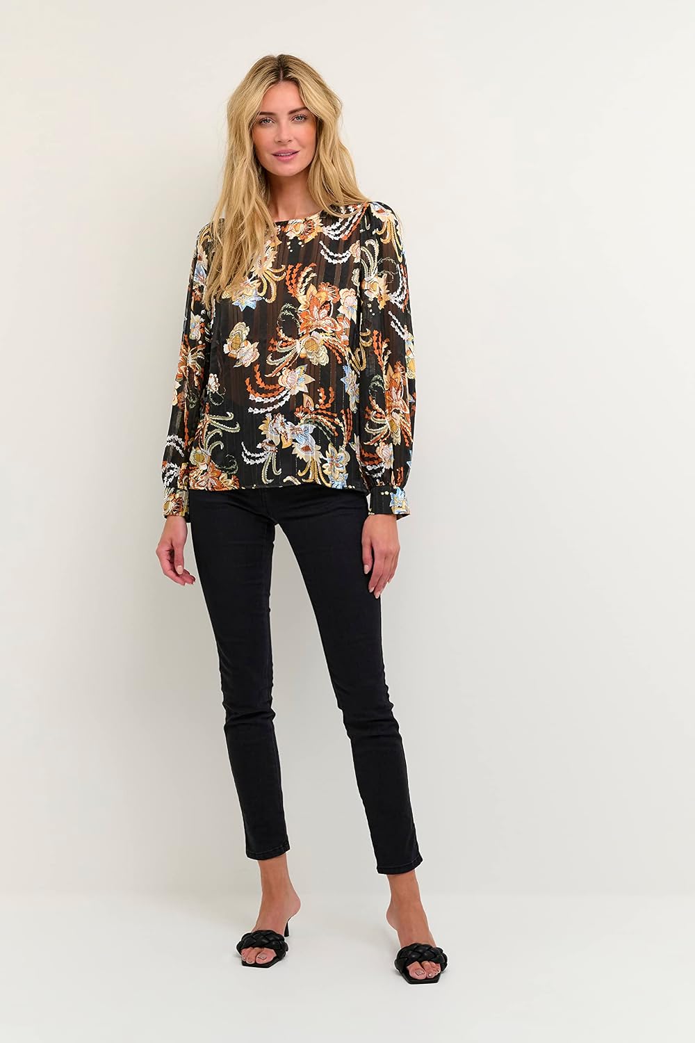 KAFFE Langarm Bluse KAsimi Damen Bluse Langarm Rundhals Print Shirt Standard 34 Black/Red/Multi Flow