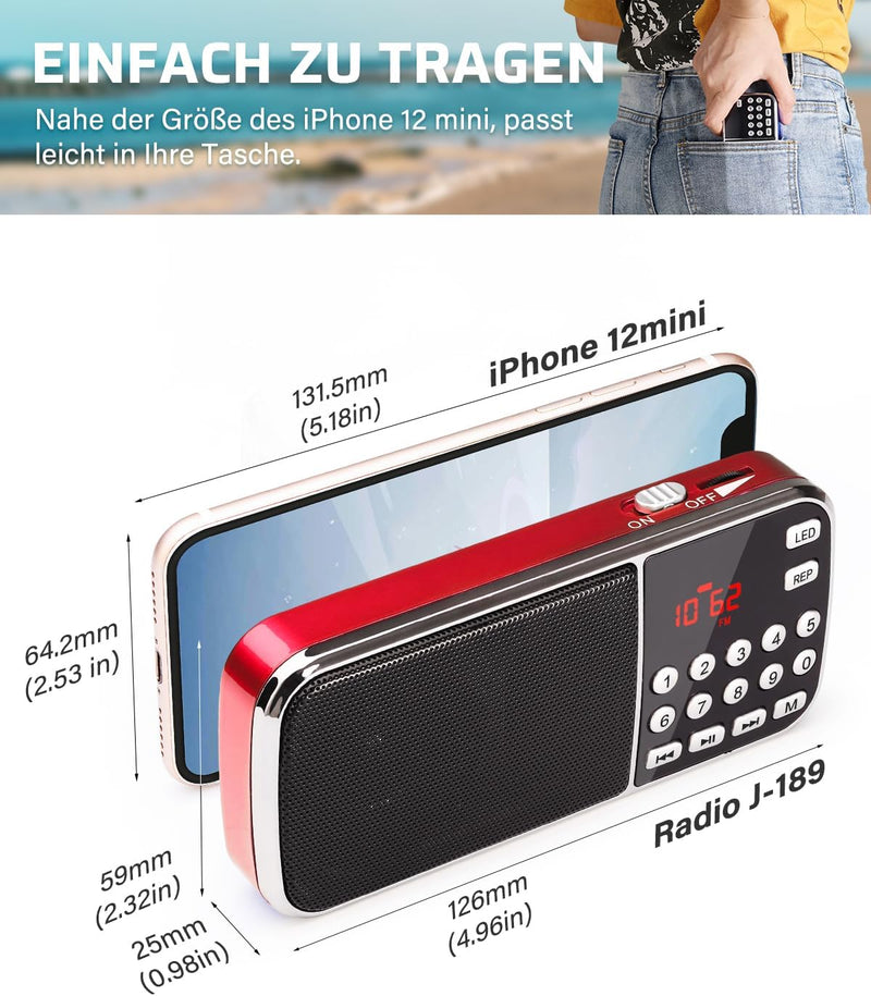 PRUNUS J-189 FM/UKW Kleines Radio mit Bluetooth, Kofferradio mit Heavy Bass Lautsprechern, TF/USB/AU