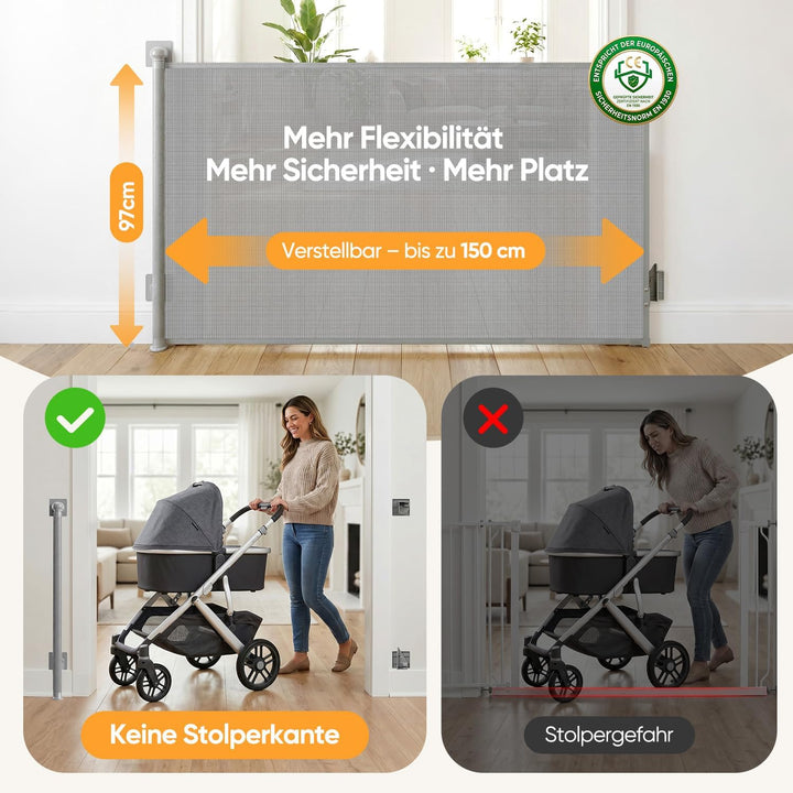 Sekey Treppenschutzgitter Ausziehbar 0-150 cm, Höhe 97 cm,Treppenschutzgitter ohne Bohren, Kindersch
