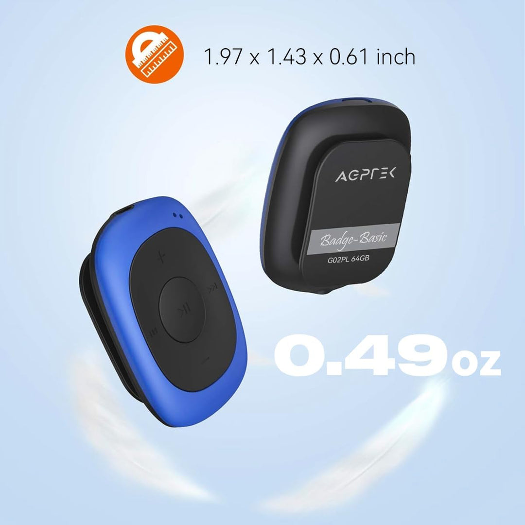 AGPTEK Mini Clip 64GB MP3 Player mit Bügel-Kopfhörer und Silikon Hülle, Leichter Sport Musik Player