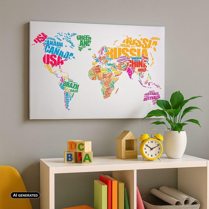 Bilder auf Leinwand 100x70cm Leinwandbild Karte Worte Welt Geographie Gross Wanddeko Bild Schlafzimm