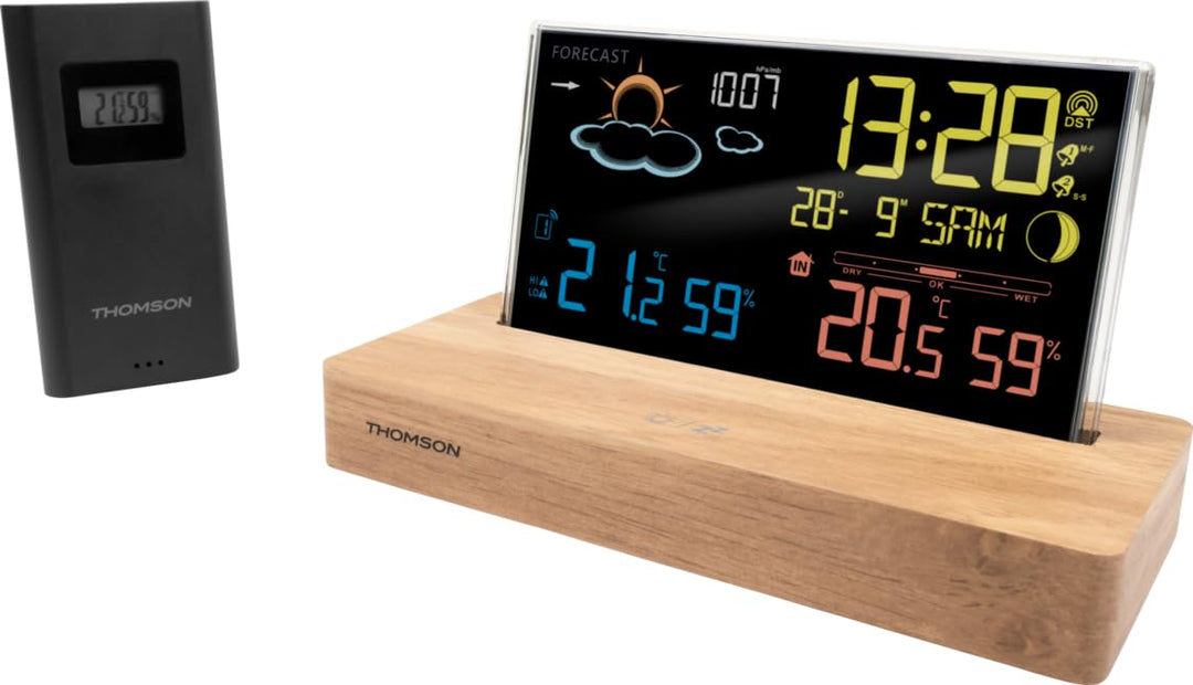 Thomson Wecker Wetterstation schwarz Holzsockel