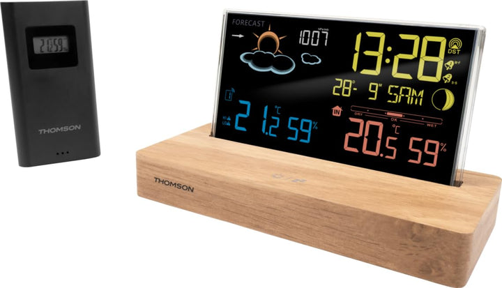 Thomson Wecker Wetterstation schwarz Holzsockel