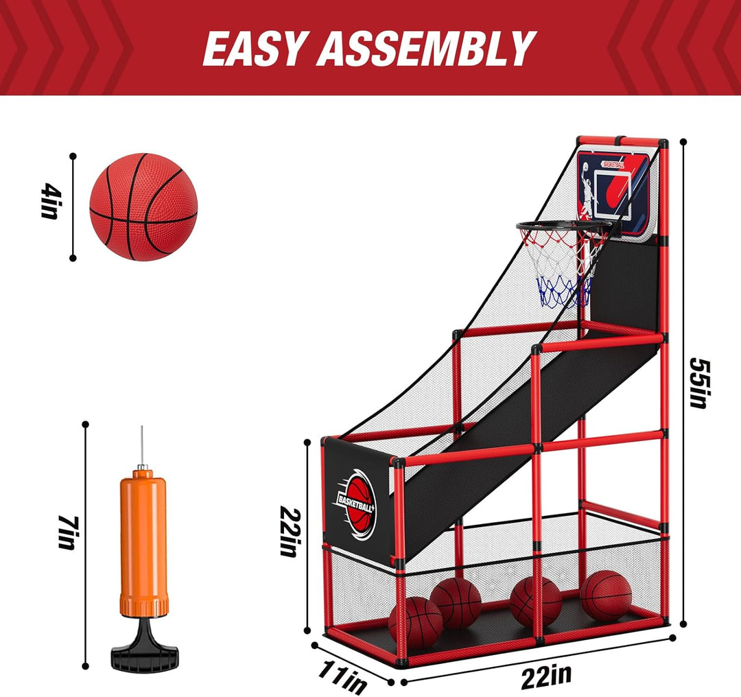 HYES Basketball Arcade Spiel, Kinder Basketballständer mit 4 Bällen, Single Shot Basketballkorb Indo