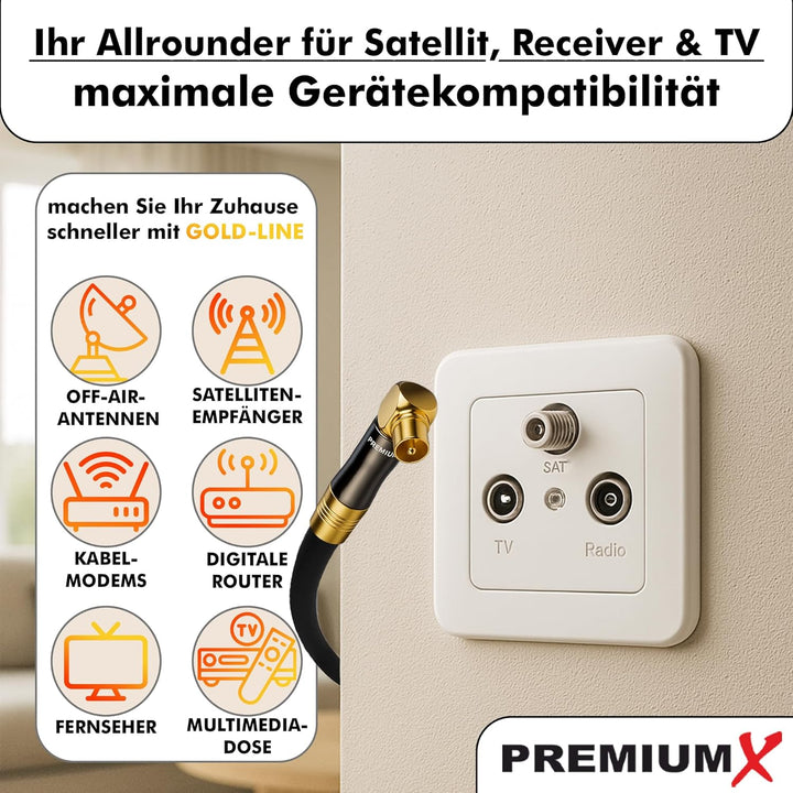 Premium X 20m Gold-Line TV Antennenkabel Schwarz Koax-Anschluss IEC Stecker - IEC Buchse 90° gewinke