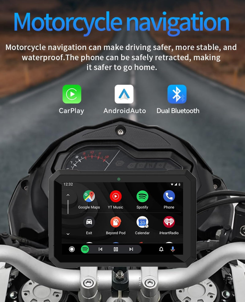 Sunweyer Motorrad Carplay und Android Auto Tragbare Drahtlose GPS Navigation 7 Zoll IPX7 Wasserdicht