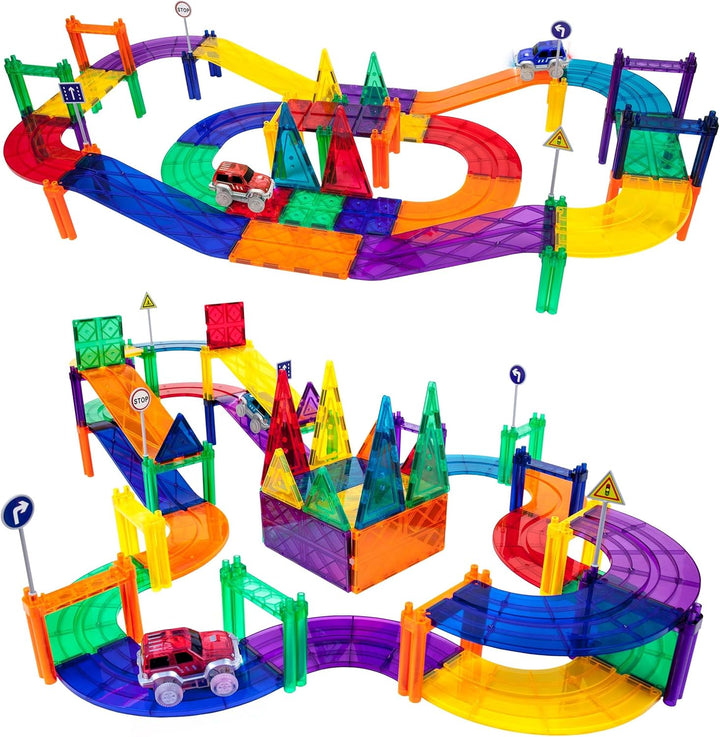 PicassoTiles 80 Stück Rennwagen Bahn Baustein Lernspielzeug Set Magnetische Fliesen Magnet DIY Spiel