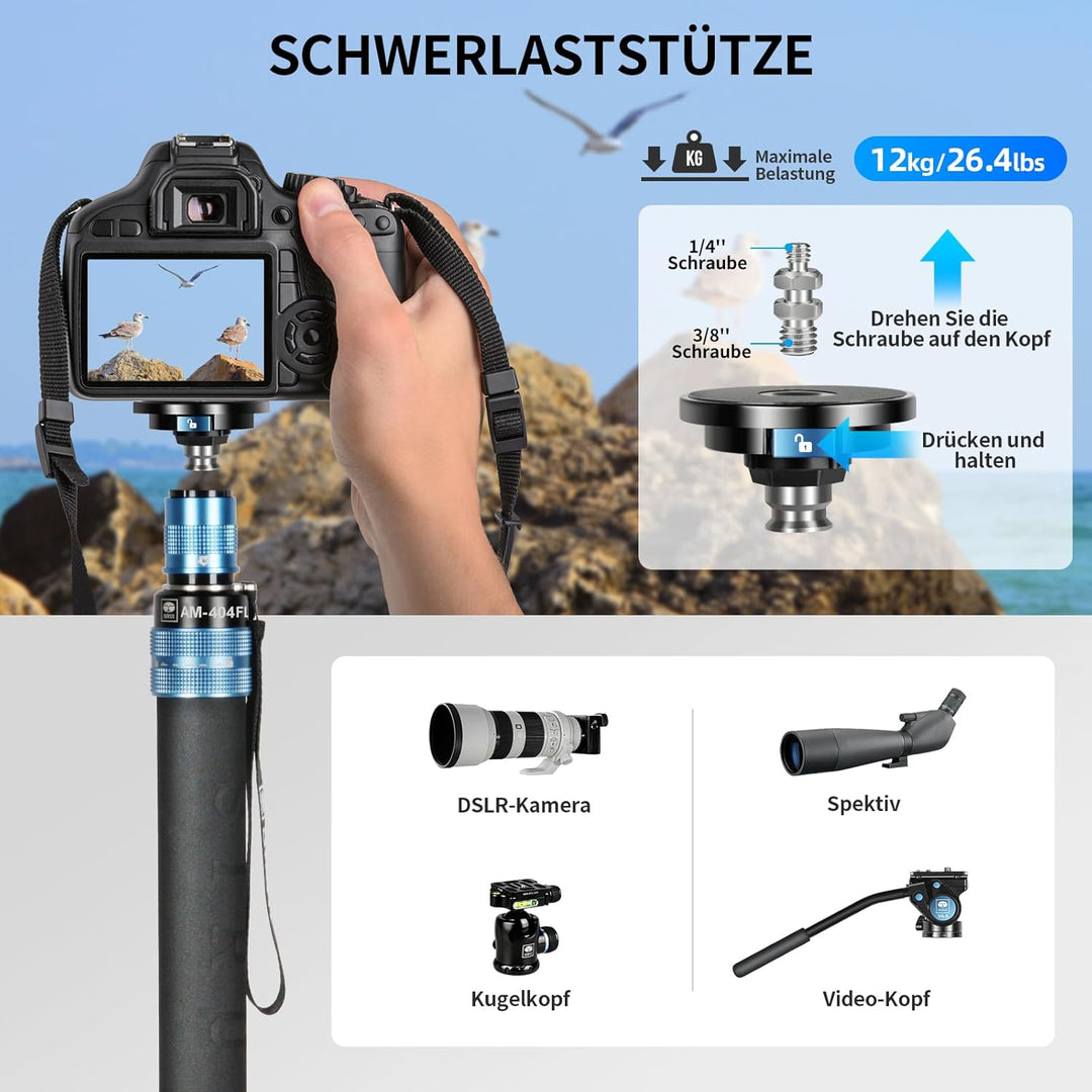 SIRUI AM-404FL Kamera Wanderstock Einbeinstativ Monopod mit Standfuss,190 cm Aluminium Stativ, innov