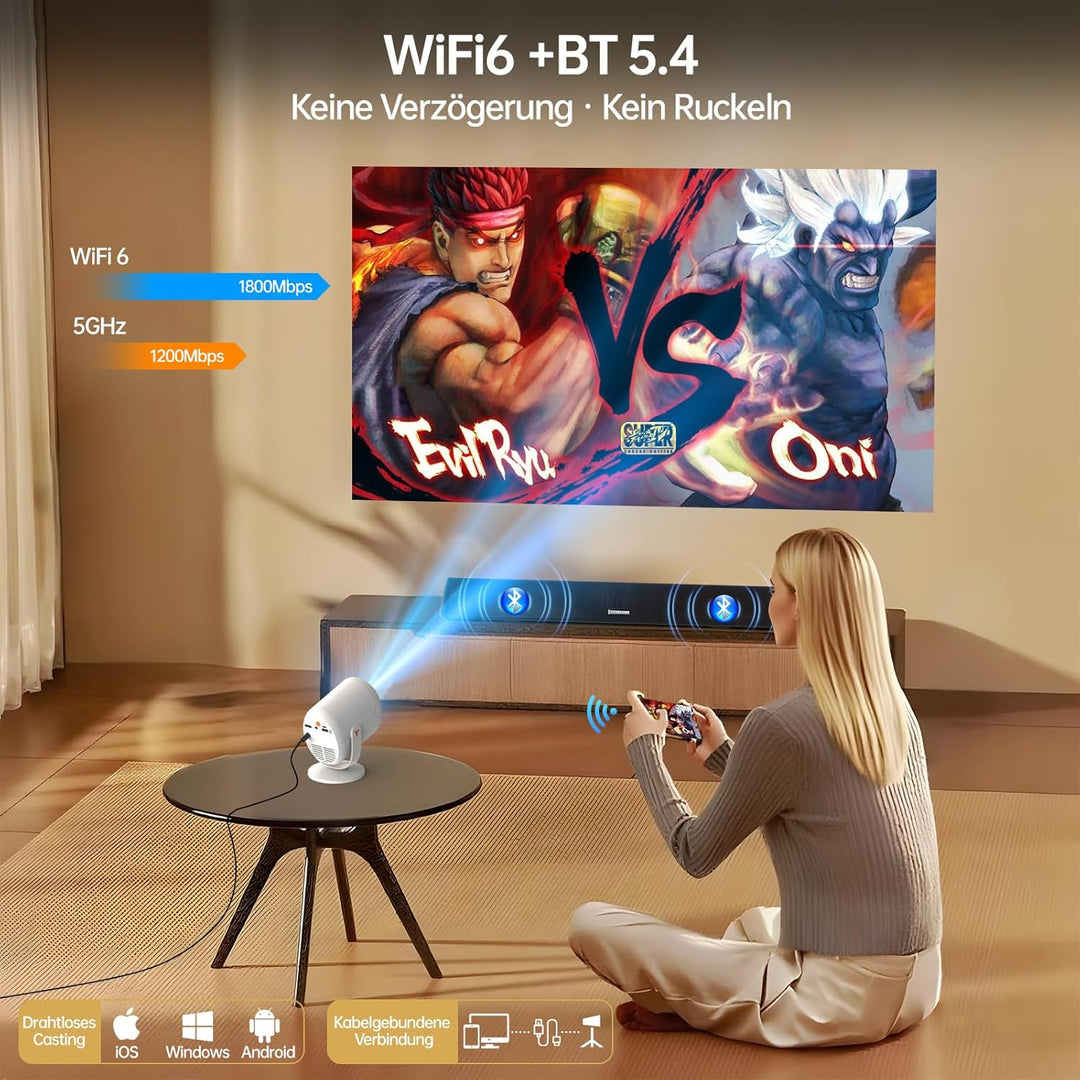 Mini Beamer, 4K Decoding Full HD 1080P, Auto-Keystone Electric Focus, Wi-Fi 6 & Bluetooth 5.0, Wi-Fi
