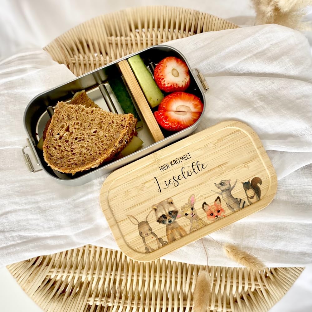 Manufaktur Liebevoll - Personalisierte Brotdose mit Fächern, Edelstahl Lunchbox mit Bambus Deckel u.