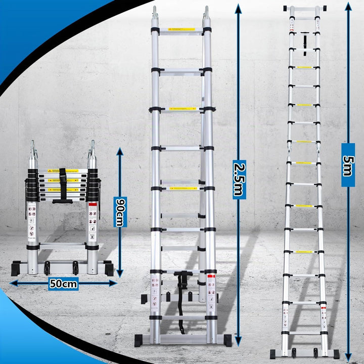 teleskopleiter klappleiter 2,5M+2,5M aluleiter 8+8 Stufen Stehleiter Klappleiter, 150 kg Belastbarke