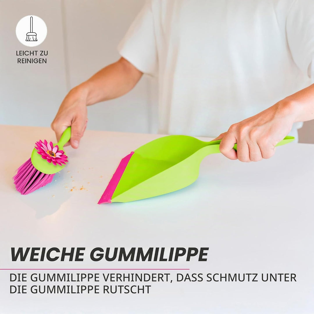 VIGAR Flower Power Kehrgarnitur mit Buntem Handfeger und Kehrblech, ABS, Polypropylen, rosa/grün, 35