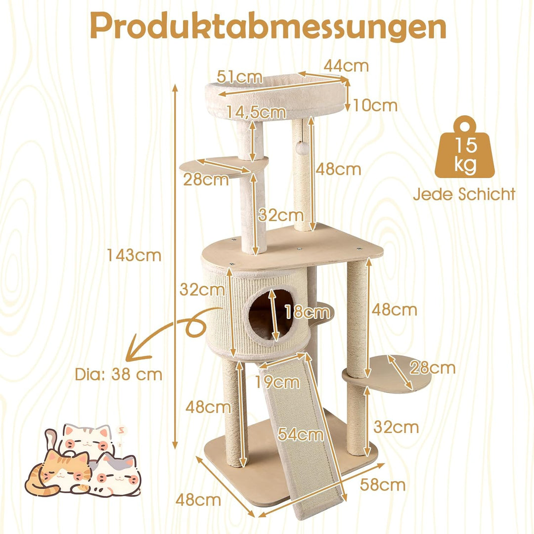 COSTWAY Kratzbaum Holz 143 cm, Katzenbaum mit Kratztonne, Sisal-Kratzsäulen, Plattform, Sisalbrett,