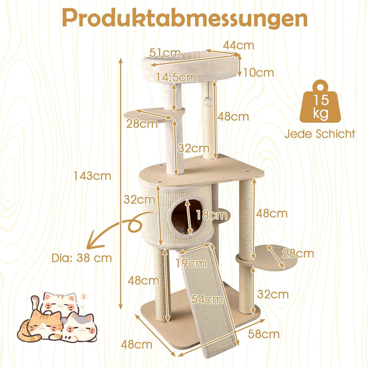 COSTWAY Kratzbaum Holz 143 cm, Katzenbaum mit Kratztonne, Sisal-Kratzsäulen, Plattform, Sisalbrett,
