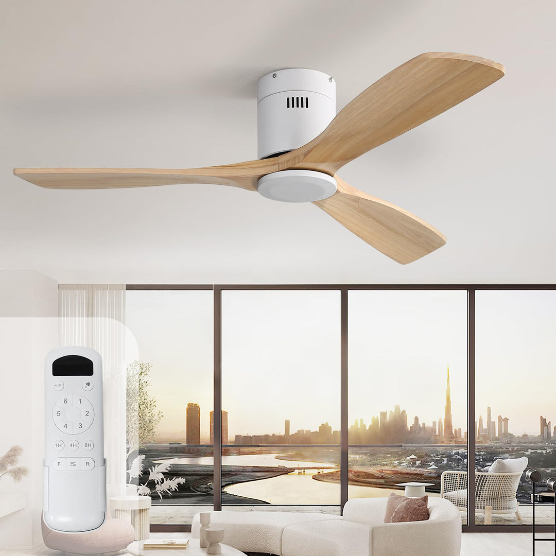 Sofucor Deckenventilator mit Fernbedienung, Deckenventilator aus Massivholz mit 3 Holzlüfterblätter,