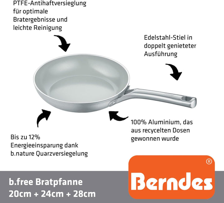 Berndes Pfannen Set b.free 3tlg. - frypan 20 cm, 24 cm &amp; 28 cm – aus recyceltem Aluminium - allherdt