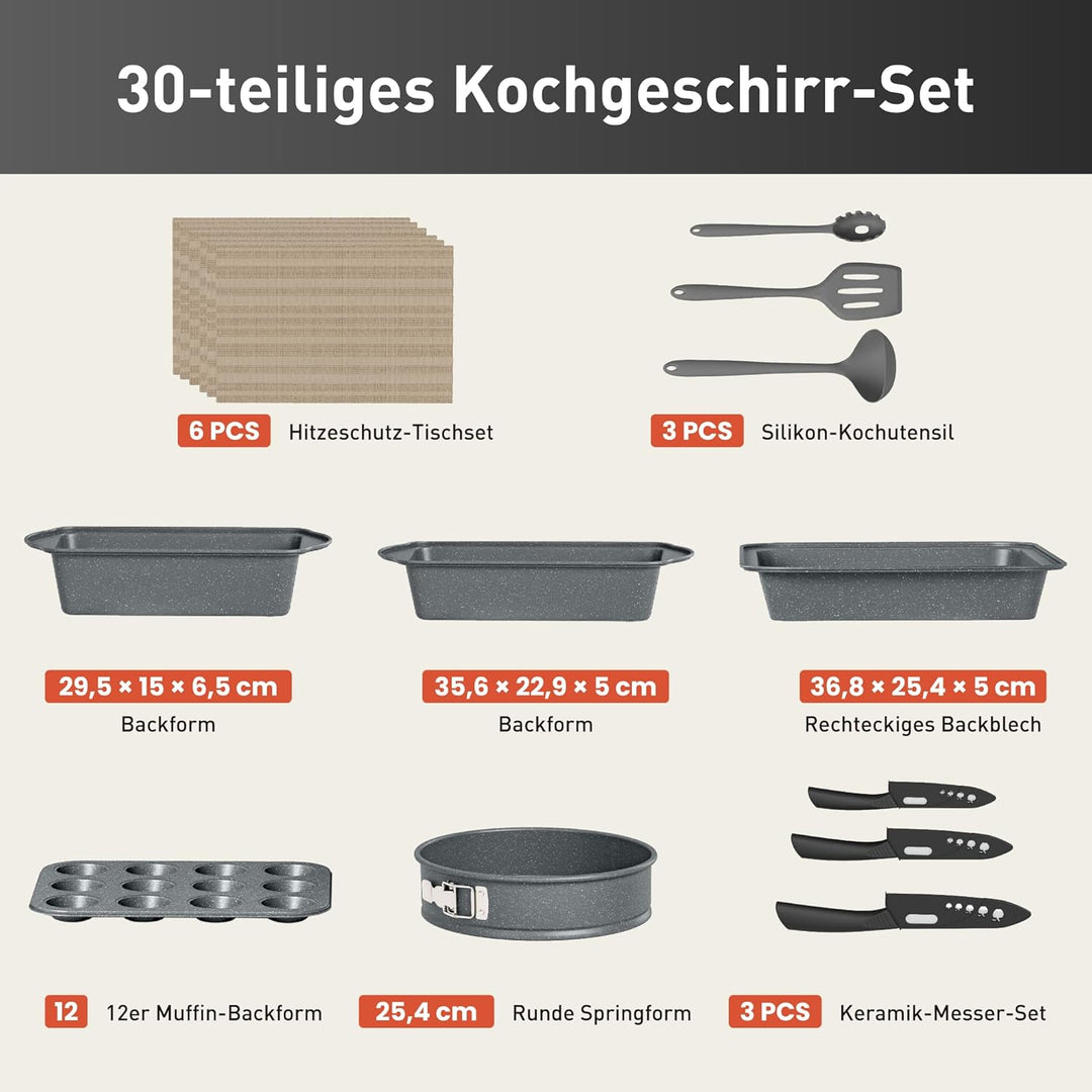 Kitchen Academy Topfset Induktions-Kochgeschirr-Set mit Glasdeckeln und Granitbeschichtung inkl. Pfa