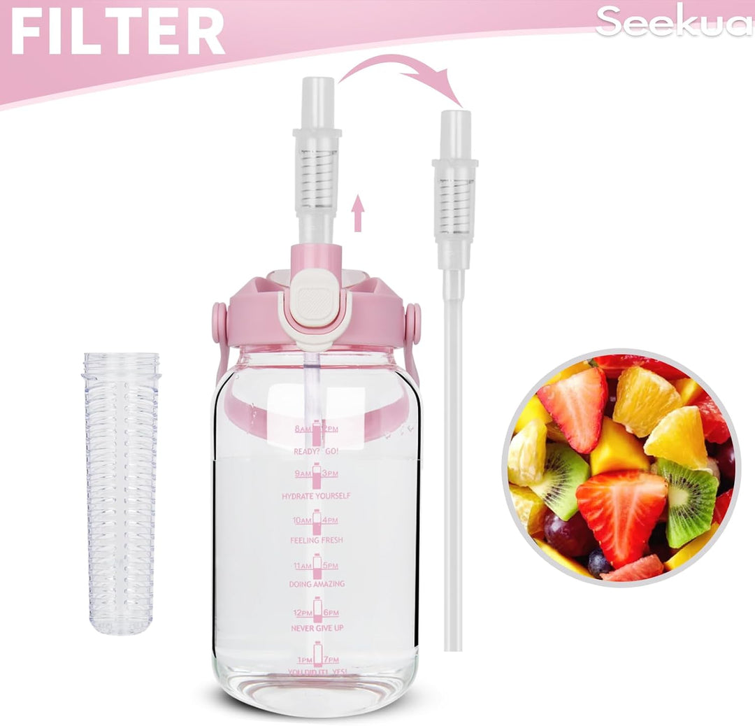 Seekua 1l Trinkflasche Glas Flasche mit Strohhalm & Zeitmarkierung, 1 liter Wasserflasche mit Frücht