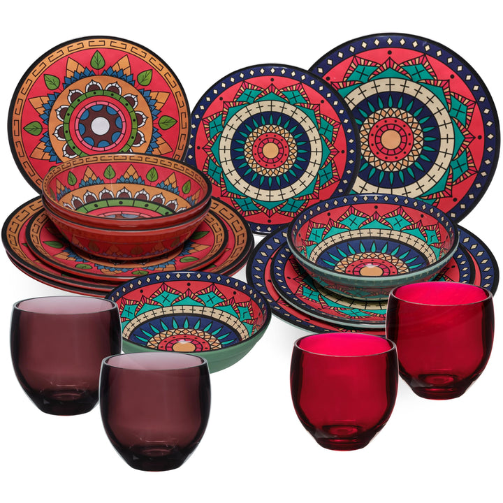 Melamin Geschirr Set Toskana Deep für 4 Personen - Rot-Grün - Mandala-Optik Spülmaschinengeeignet Es
