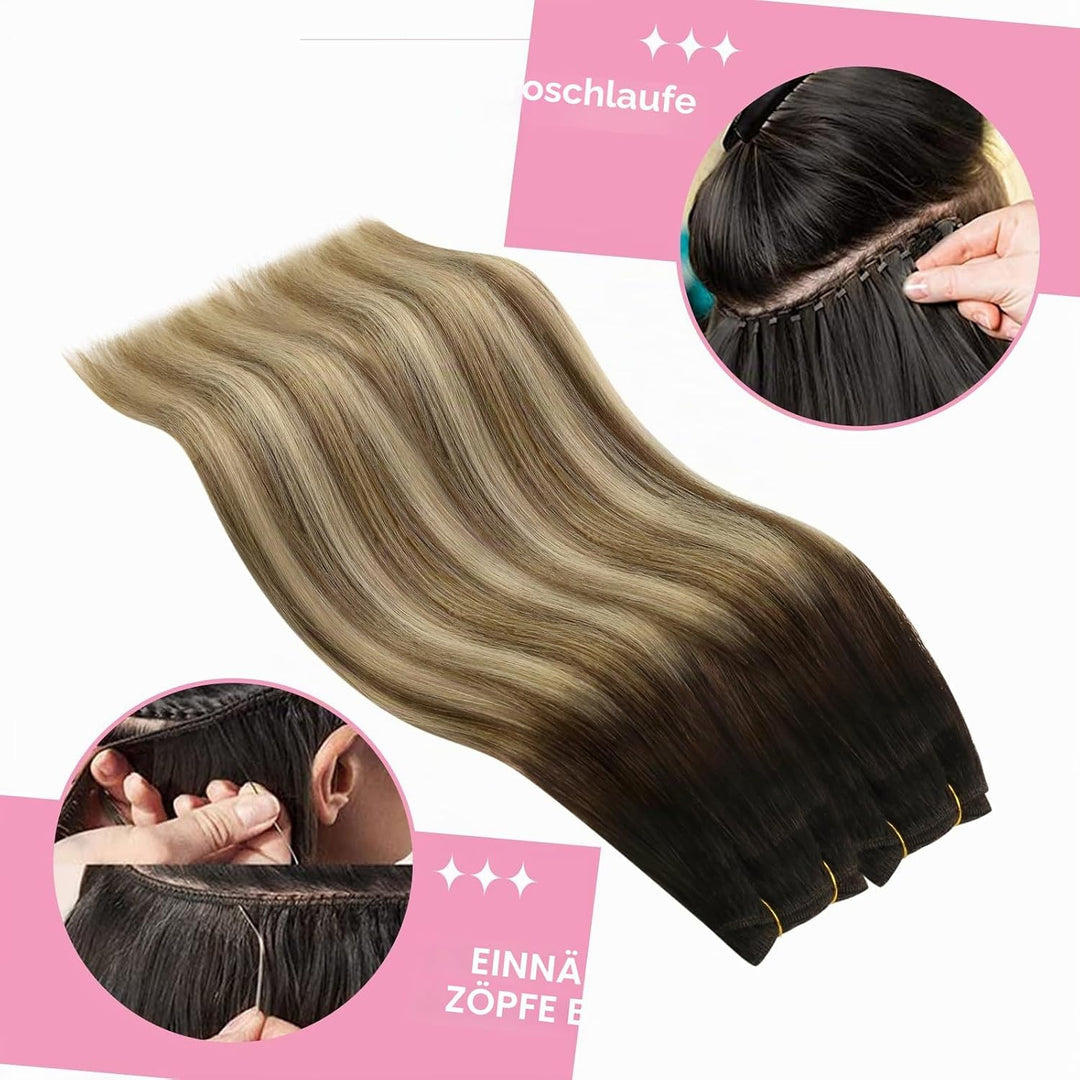 YoungSee Tressen Echthaar Balayage Echthaar Tressen zum Einnahen Braun Balayage Blond Weave Extensio