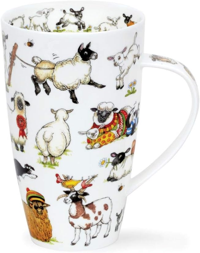 Dunoon Henley Tasse aus feinem Knochenporzellan, 600 ml Fassungsvermögen, Jolly Sheep Lambs in Stric