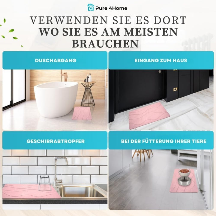 PURE 4HOME Badematte Kieselgur 60 x 40 cm – Saugstark & Schnelltrocknend, rutschfest – Diatomit Stei