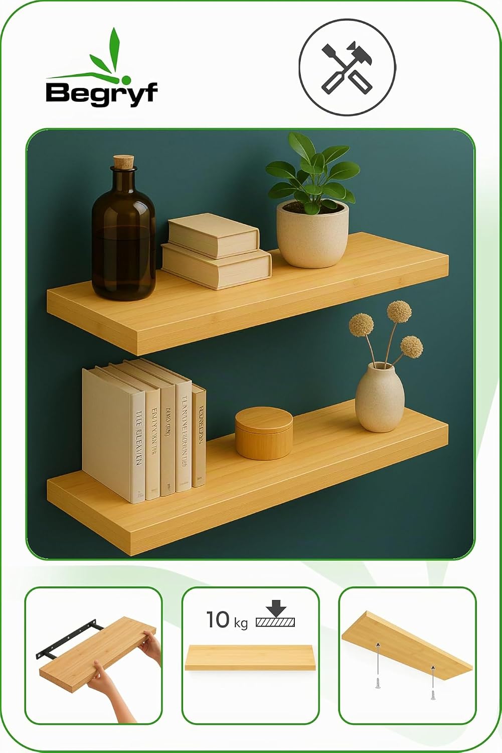 Wandregal Bretter 2er Set – Regalbretter 60x20x3,8 cm in Bambusoptik, Regalboden für Wohnzimmer Küch