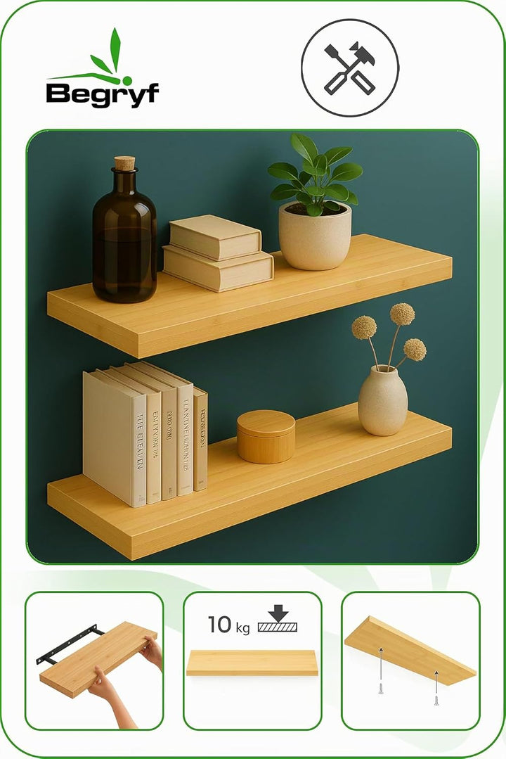 Wandregal Bretter 2er Set – Regalbretter 60x20x3,8 cm in Bambusoptik, Regalboden für Wohnzimmer Küch