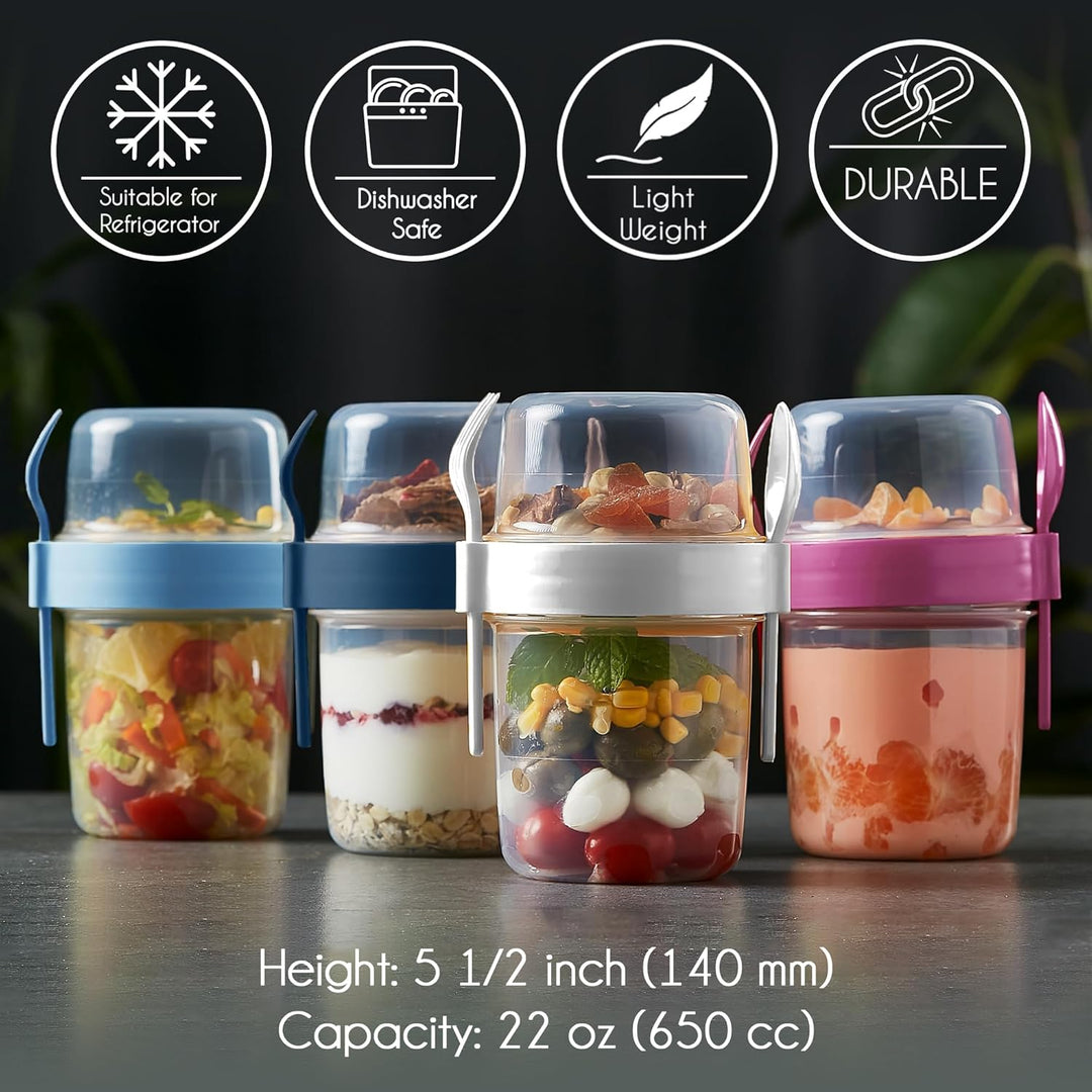 Crystalia Müslibecher to Go mit Löffel & Gabel Set 4, 100% BPA-FREI Joghurt Becher to Go mit Deckel,