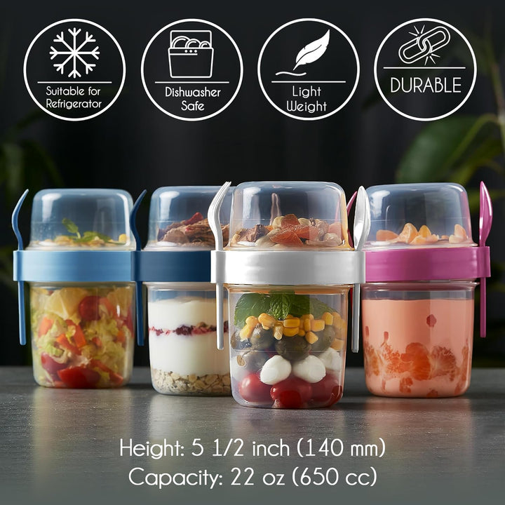 Crystalia Müslibecher to Go mit Löffel & Gabel Set 4, 100% BPA-FREI Joghurt Becher to Go mit Deckel,