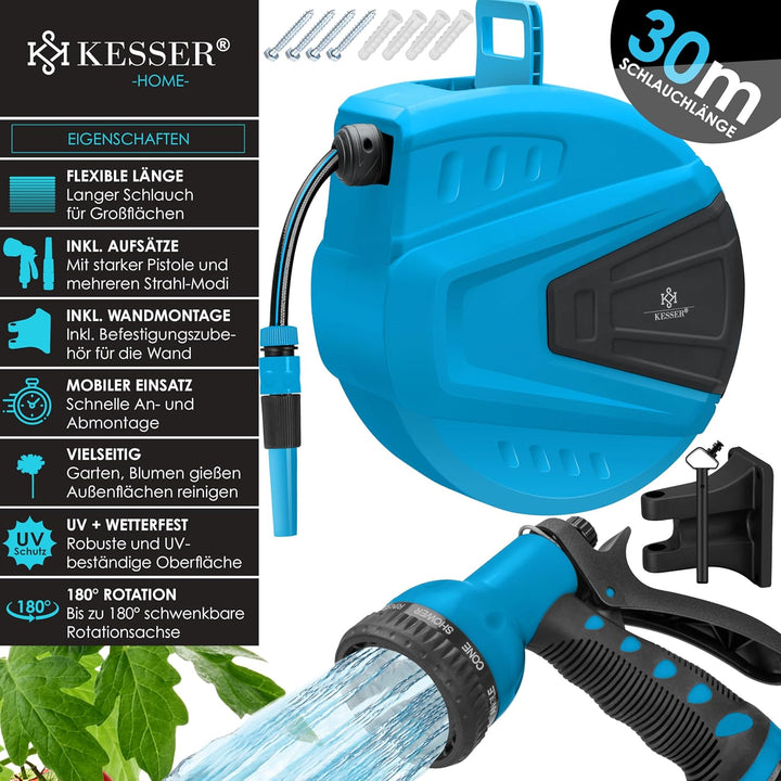 KESSER® Schlauchtrommel Wasser 30+2m Schlauchaufroller Inkl. 2-Wege-Verteiler + Multi-Handbrause Was