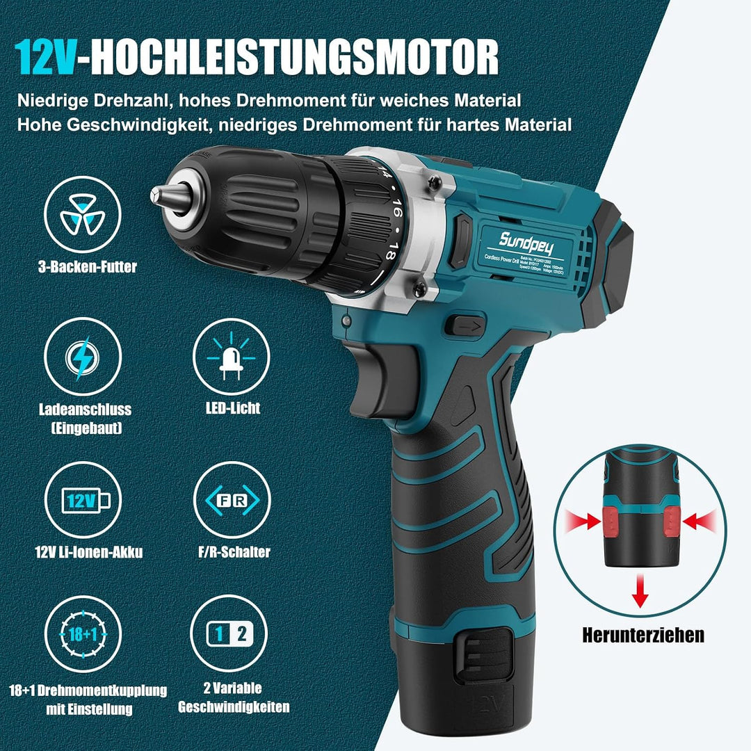 Sundpey Werkzeugkoffer Gefüllt 206tlg, 12V Akkuschrauber zum Anziehen/Lösen von Schrauben, Haushalts