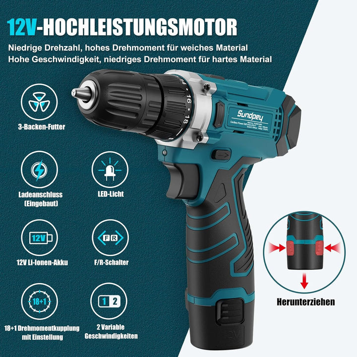 Sundpey Werkzeugkoffer Gefüllt 206tlg, 12V Akkuschrauber zum Anziehen/Lösen von Schrauben, Haushalts