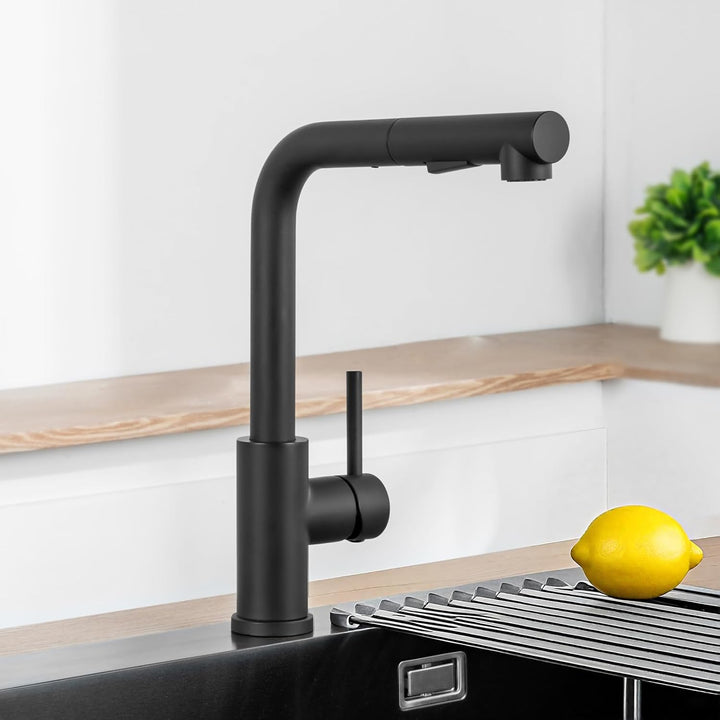 CECIPA 65 x 45 cm schwarzes Waschbecken mit L ausziehbarem Wasserhahn, Küchenspüle mit Granitabtropf