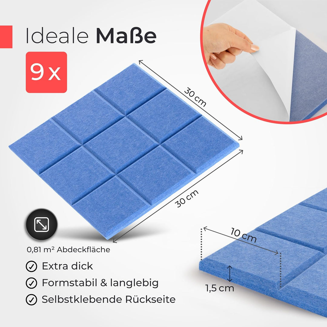 Akustikpaneele selbstklebend – 9er-Set | 30x30cm | Akustikfilz Himmelblau, extra dick 15mm – 3D Wand