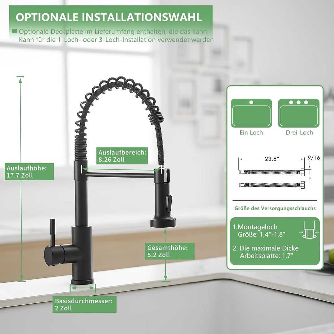 TIMACO Schwarz Wasserhahn Küche, Hochdruck-Küchenarmatur mit herausziehbarer Brause,Mischbatterie Sp