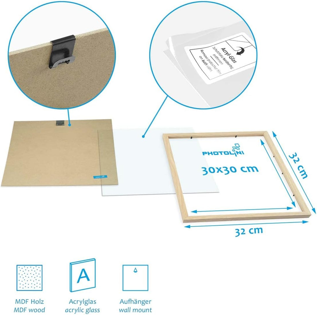 PHOTOLINI Bilderrahmen 30x30 Holz MDF Natur, 6er Set Bilderrahmen quadratisch 30x30, Foto Rahmen zum