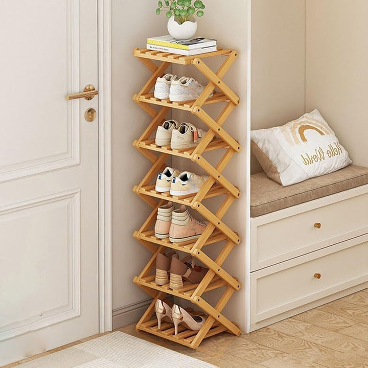 kiss me Vertikales Schmales Schuhregal,Tragbare Holz Schuhregale,Ohne Installation,Bambus Faltbare S