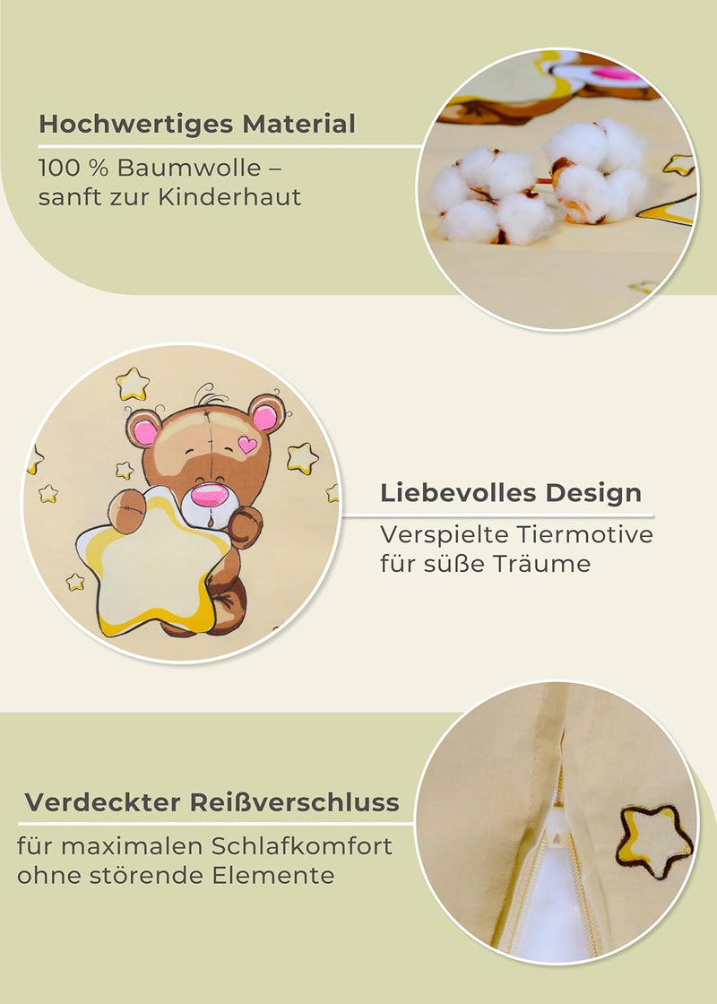 Gräfenstayn® 2-tlg. Kinderbettwäsche Set mit Tiermotiv und integriertem Reissverschluss - aus 100% B