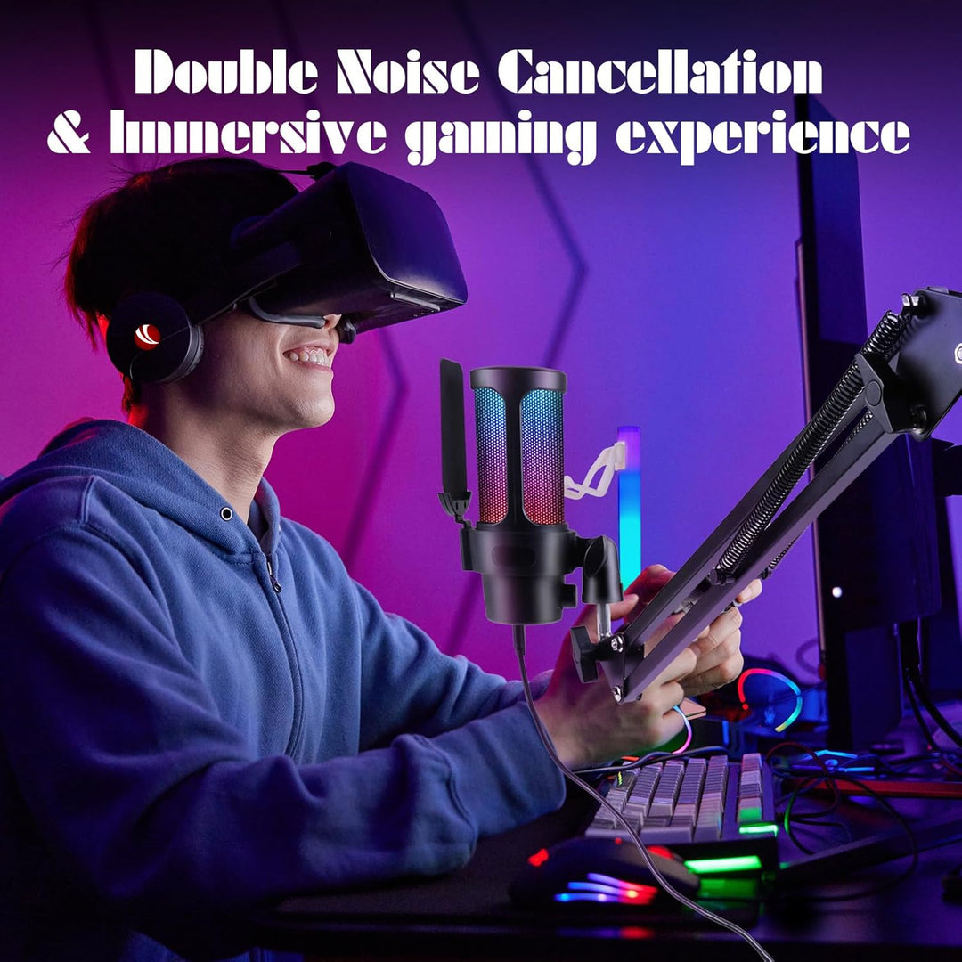 VCOM Gaming Mikrofon mit Arm, USB Microphone Kit mit RGB Modi, Mute, Pop-Filter, PC Mikrofon für Pod