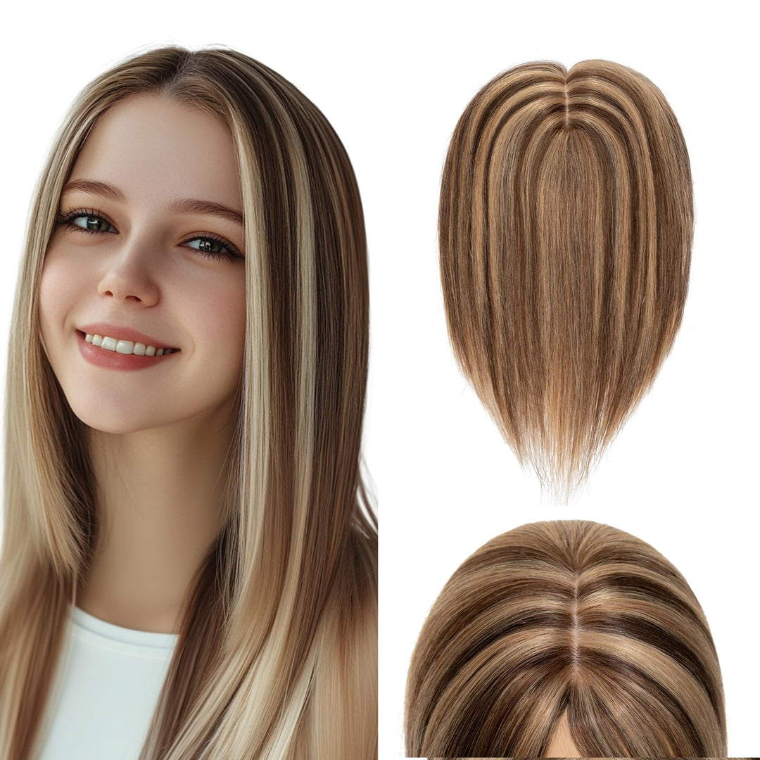 Elailite Hair Topper Echthaar #4P27 Mittelbraun/Honigblond 15cm Clip in Toupet Damen Extensions Haar