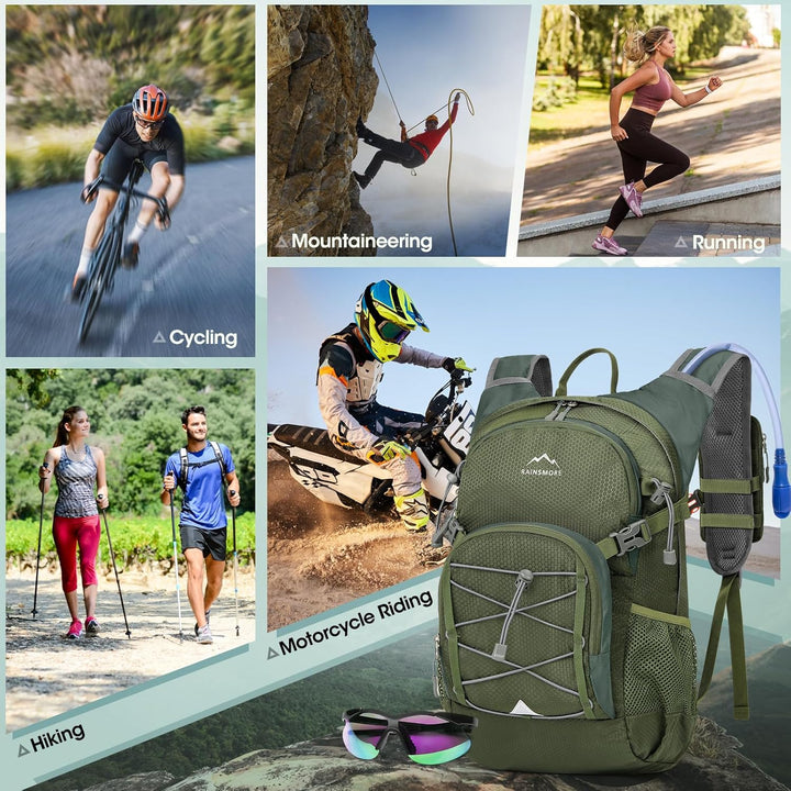 RAINSMORE Trinkrucksack mit Trinkblase 2L Leichter Isolierter 18L Wanderrucksack mit Regenschutz für