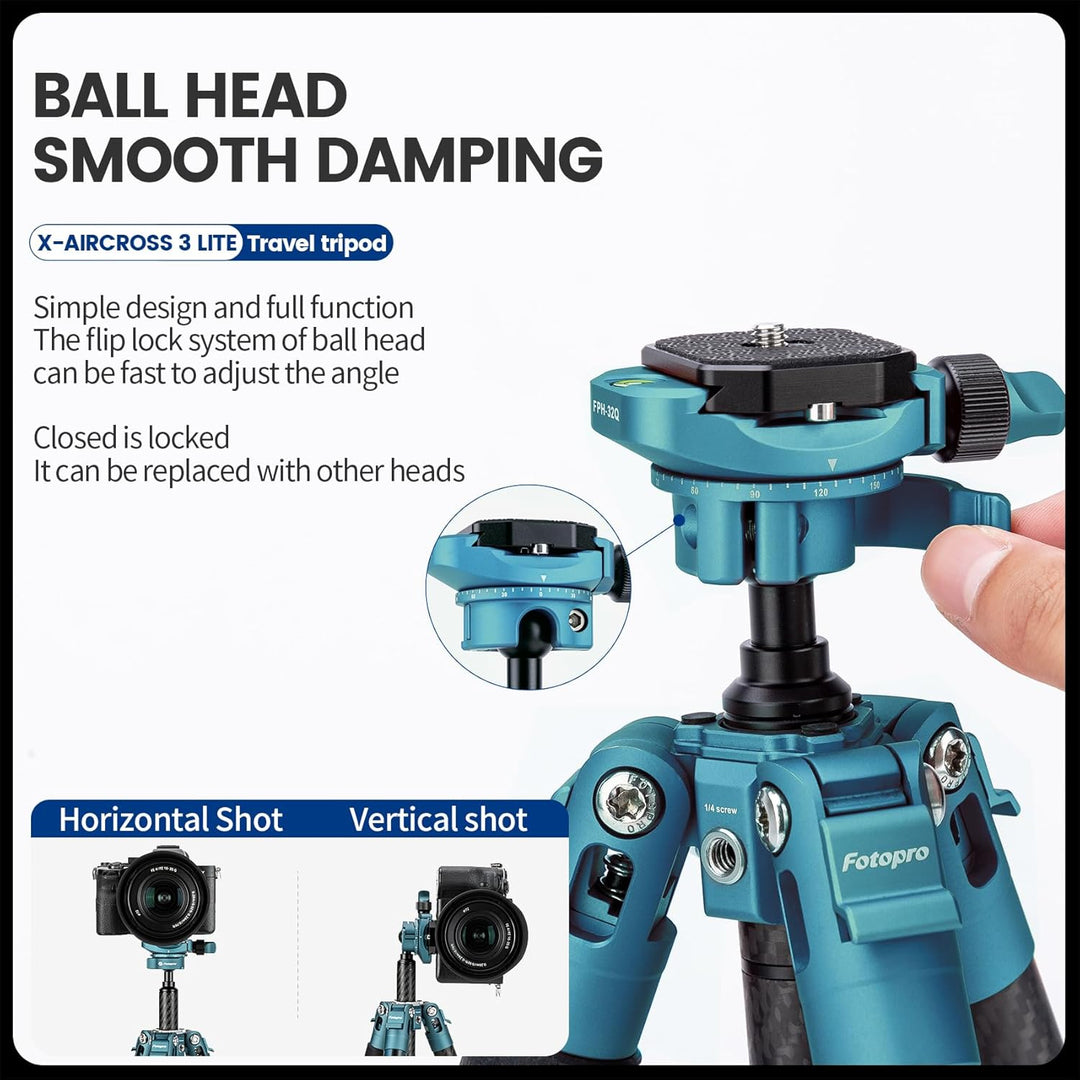 Fotopro Kohlefaser-Stativ 130 cm 360 Grad Kugelkopf, Schnellwechselplatte, leichtes Kamerastativ für