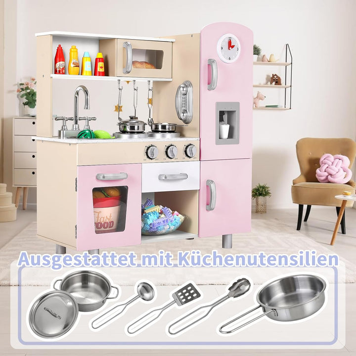 Clevich Puppenküche Holz, Kinderküche aus Holz, Spielzeugküche mit zubehör, inklusive Eismaschine, T