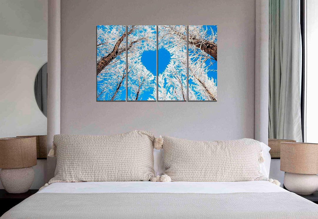 Leinwandbild, Herz-Baum mit blauem Himmel, 4-teilig, moderne Bilder, Heimbüro-Dekoration, gerahmtes